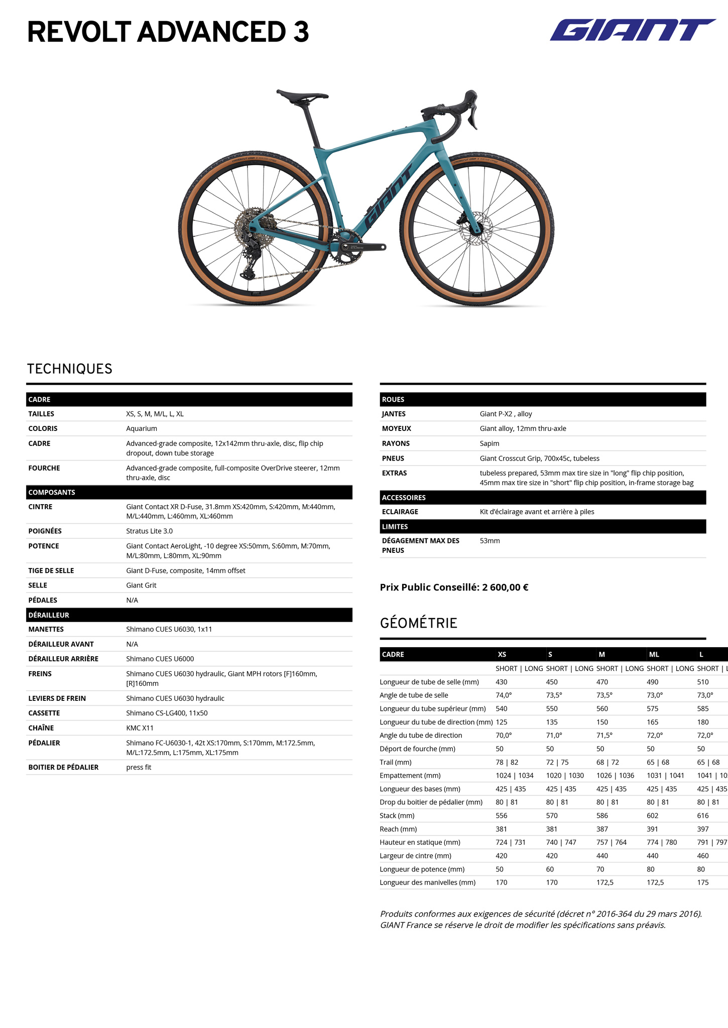 Fiche technique du velo Revolt Advanced 3 année 2026